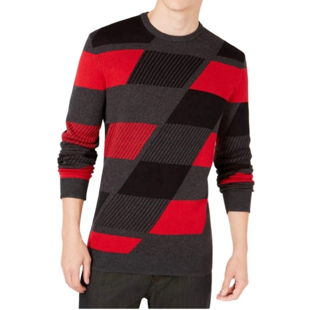 Alfani Men's Sweater in Red and Gray Geometric Pattern. Size M. Crew Neck.